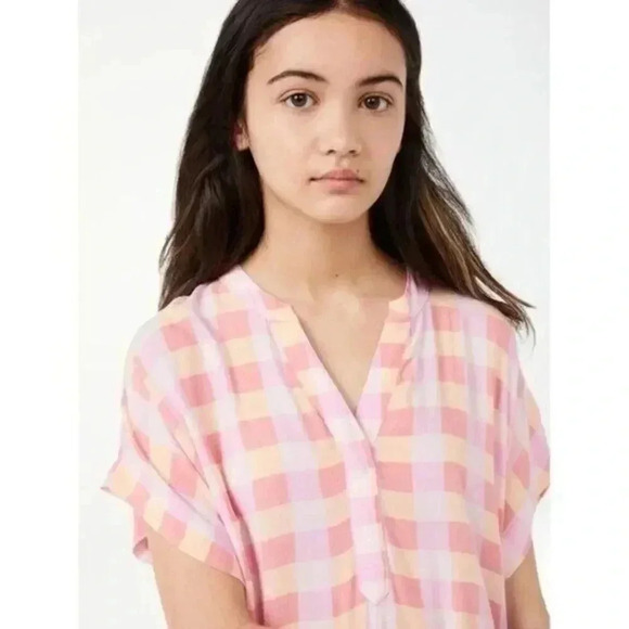 Free Assembly Pink & Orange Plaid Caftan Short Sleeve Mini Dress L - Picture 3 of 8